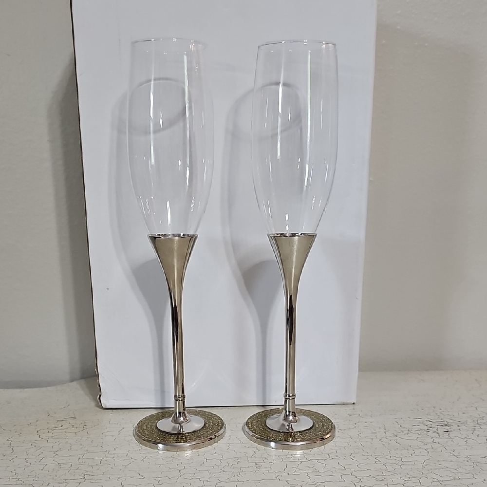 🥂 Sheridan Non-Tarnish Champagne Flutes Set of 2 - Gold Glitter/Rhinestone Base